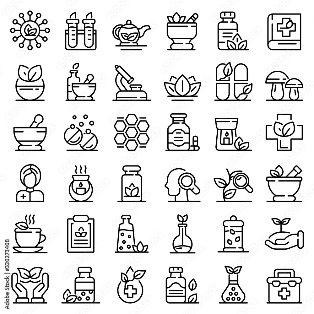 Poster phytotherapy icons set. outline set of phytotherapy vector icons for web design isolated on white ba