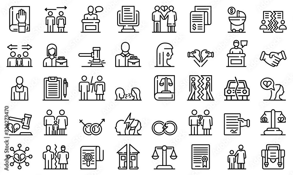 Poster divorce icons set. outline set of divorce vector icons for web design isolated on white background