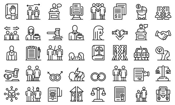 Divorce icons set. Outline set of divorce vector icons for web design isolated on white background