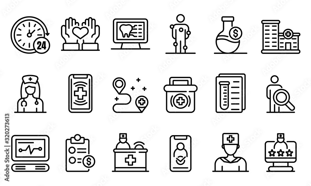 Poster private clinic icons set. outline set of private clinic vector icons for web design isolated on whit