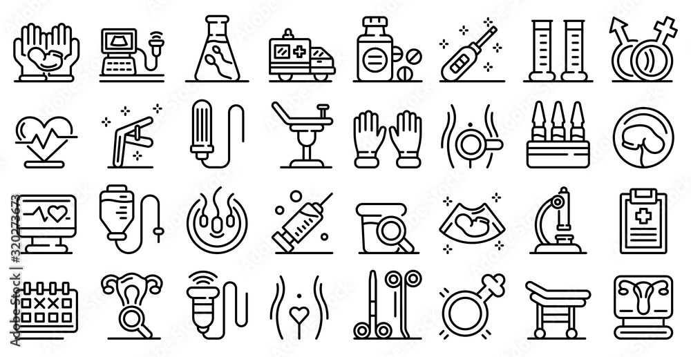 Poster gynecologist icons set. outline set of gynecologist vector icons for web design isolated on white ba