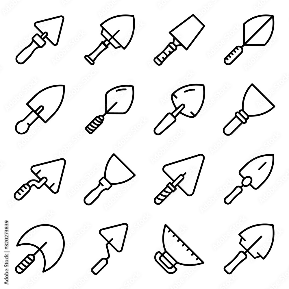 Poster trowel icons set. outline set of trowel vector icons for web design isolated on white background