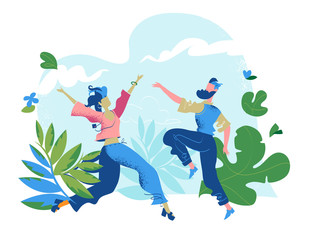 Celebrazione dell'arrivo della primavera, estate. Coppia di uomo e donna giovani e felici balla, si gode la vita, la libertà nell'armonia con la natura - illustrazione vettoriale © Hurca!