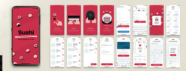Sushi Delivery. Design of the Mobile Application, UI, UX. Set of GUI Screens with Login and Password input, and screens with Menu, Add to Cart, Payment and Delivery Tracking.