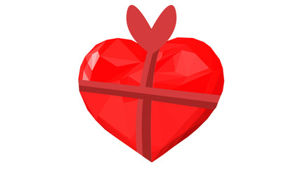 Heart packed as gift with bowknot of red ribbon, illustration on white background, low poly. Saint Valentine. Graphic of soul present, glyph icon, colorful artwork. Love, marriage proposal, wedding