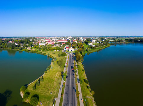 Slutsk gate in Nesvizh in summer in sunny weather. Aerial view from a drone.