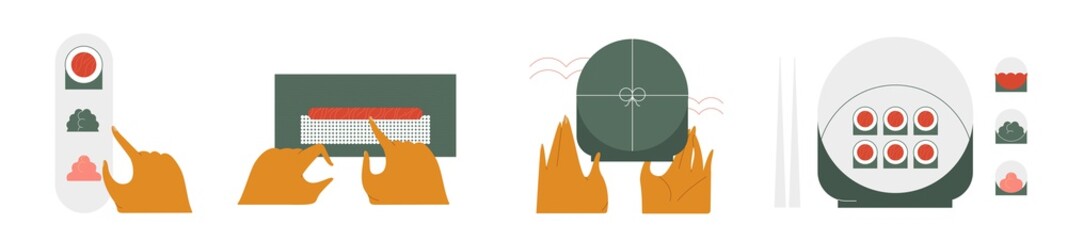 Sushi and rolls. A set of creative illustrations with ordering, preparing sushi and delivery to the client. Minimalistic vector illustration.