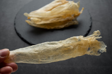 Hand holding golden yellow catfish glue on black background