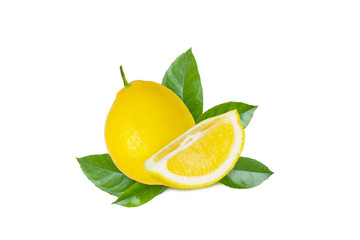 Isolated lemon fruit. Fresh citrus with lemon slice and green leaves on a white background