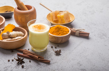 Health care concept. Ingredients for turmeric latte.