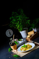 Vegetariano italiano! Tortelli with roasted pine nuts and pesto basilico