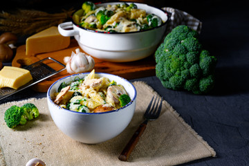 Real pasta with mushrooms, spinach and broccoli