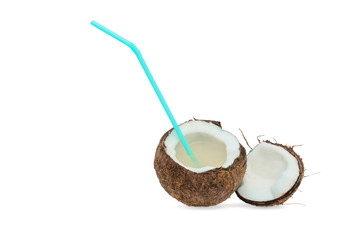 Coconut split in half withcoconut milk isolated on white background with shadow.