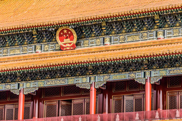 Fototapeta na wymiar China, Beijing, Forbidden City Different design elements of the colorful buildings rooftops closeup details