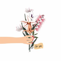 International Women's Day. Spring holiday Happy Women's day 8 march. Set of cute greeting card, poster with woman, man and bouquet of flowers roses. Happy Valentine Day.