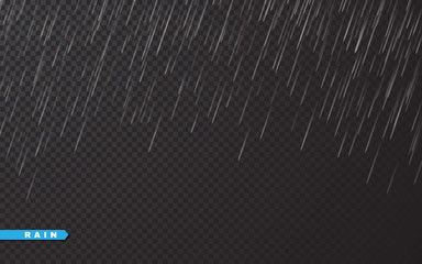Rain drops on transparent background. Falling water drops. Nature rainfall. Vector illustration