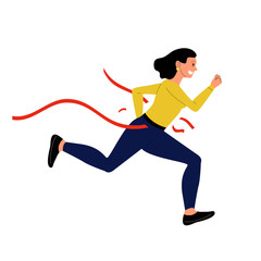 Fototapeta na wymiar Business woman running crossing red ribbon at finish, concept of leadreship. Flat vector illustration
