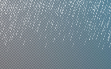 Rain drops on transparent background. Falling water drops. Nature rainfall. Vector illustration