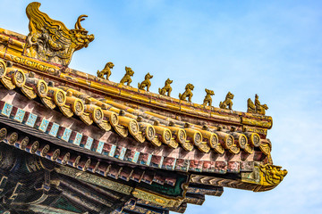 China, Beijing, Forbidden City Different design elements of the colorful buildings rooftops closeup...