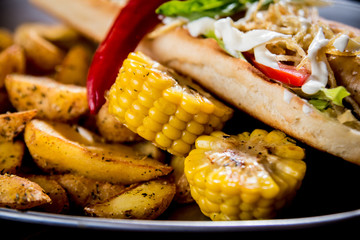 Hotdogs and French fries on a dishes. Fast food meal. Restaurant.