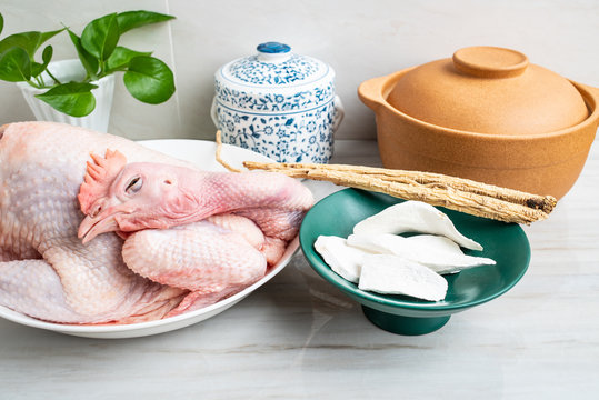Chinese nutritious health soup ingredients, fresh hen and yam codonopsis