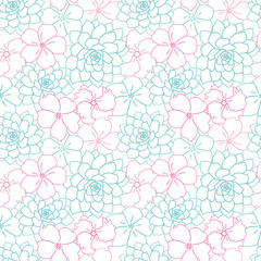 Vector turquoise and pink flowers seamless pattern white background