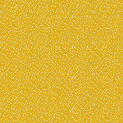 Abstract forest cover inspired seamless vector pattern with scattered spruce needles on yellow background. Surface print design.
