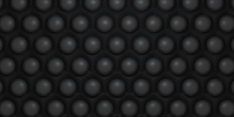 3d illustration of abstract pattern of black cubes and spheres. Hexagonal background with large number of black primitives. Cellular, black 3d panel. 3d render of wall texture, hexagonal clusters.