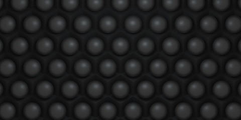 3d illustration of abstract pattern of black cubes and spheres. Hexagonal background with large number of black primitives. Cellular, black 3d panel. 3d render of wall texture, hexagonal clusters.