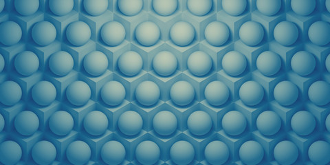 3d illustration of abstract pattern of blue cubes and spheres. Hexagonal background with large number of blue primitives. Cellular, blue 3d panel. 3d render of wall texture, hexagonal clusters.