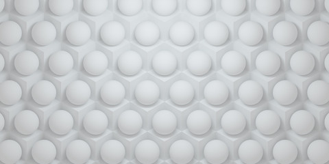 3d illustration of abstract pattern of light gray cubes and spheres. Hexagonal background with large number of gray primitives. Cellular, gray 3d panel. 3d render of wall texture, hexagonal clusters.