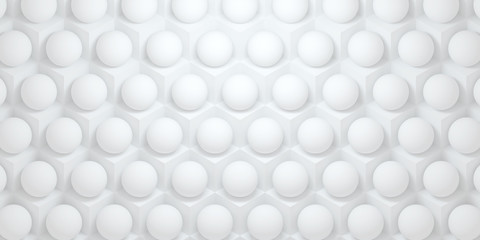 3d illustration of abstract pattern of white cubes and spheres. Hexagonal background with large number of white primitives. Cellular, white 3d panel. 3d render of wall texture, hexagonal clusters.