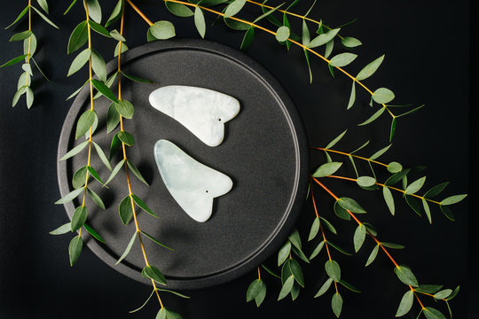 Gua sha stones on a plate with eucalyptus branches over black. Top view.