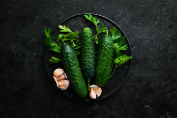 Cucumber and garlic on a black stone background. Top view. Free space for your text.
