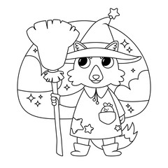 Cute wolf sorcerer with a chicken in his pocket, in the witch's hat and with the witch's broom. Happy Halloween illustration. Black and white illustration for coloring book.
