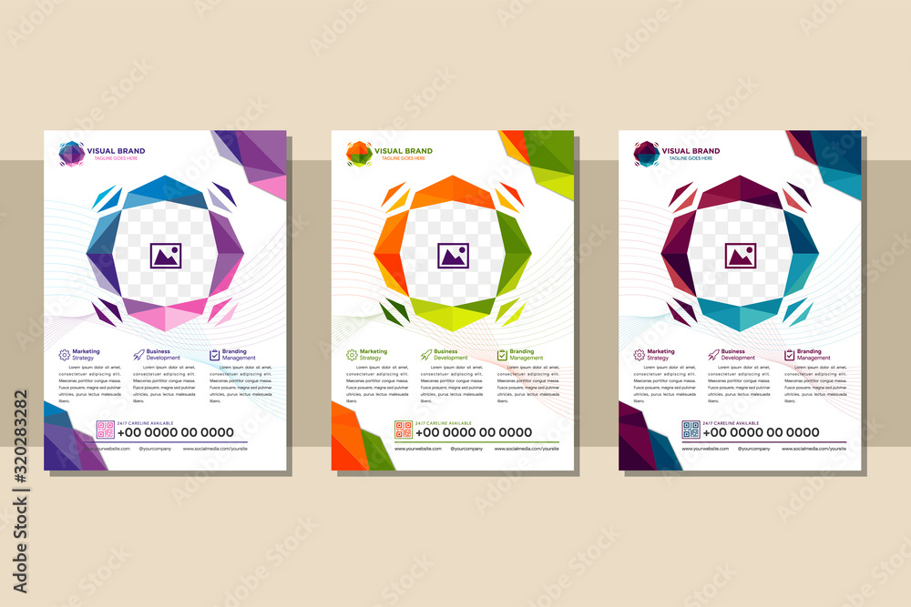 Poster set of abstract vector modern flyer or brochure design templates with colorful geometric triangular 
