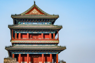 Fototapeta premium China, Beijing, Forbidden City Different design elements of the colorful buildings rooftops closeup details