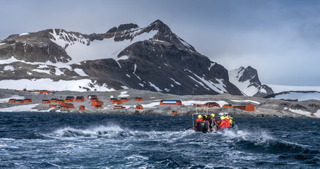 Expedition landing, Esperanza base, a permanent Argentine research station on the Antarctic...