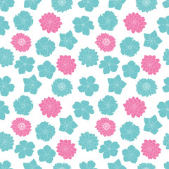 Vector pink and blue lineart flowers seamless pattern white background