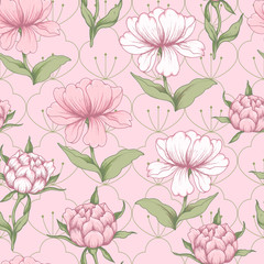 Seamless pattern with pink peonies