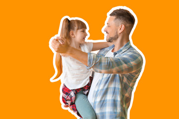 Father and his little daughter dancing against color background