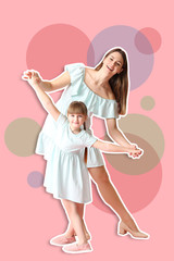 Happy mother and her little daughter dancing against color background