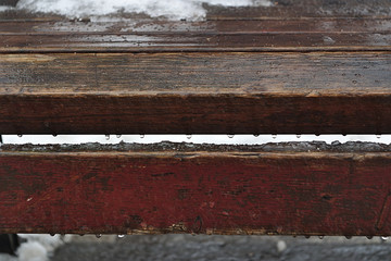 water drops on the boards of a wooden bench in the thaw