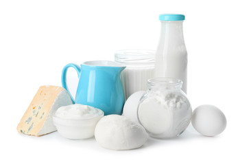 Different dairy products on white background