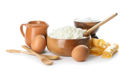 Different dairy products on white background