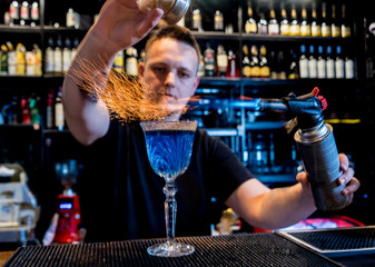 The bartender makes a cocktail with a fire show at the bar. 