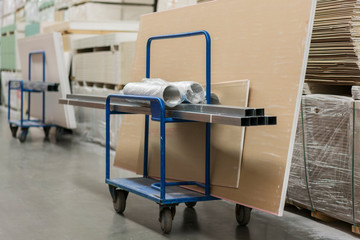 Trolley in a hardware store loaded with construction materials. Repair and construction concept