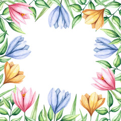 Fototapeta na wymiar Watercolor flower frame. Floral frame with flowers of blue, yellow and pink crocuses.