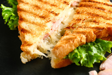 Tasty sandwiches with cheese and ham on dark background, closeup