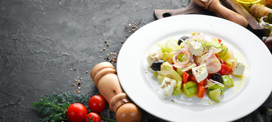 Greek salad. Feta cheese salad with olives. Top view. Free space for your text.